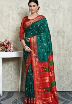 Hand Embroidered Kanchipuram Silk Saree in Teal Green