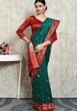 Hand Embroidered Kanchipuram Silk Saree in Teal Green