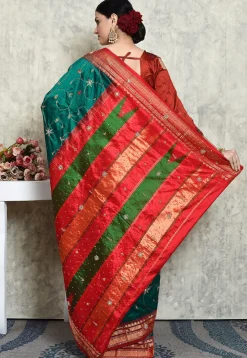 Hand Embroidered Kanchipuram Silk Saree in Teal Green