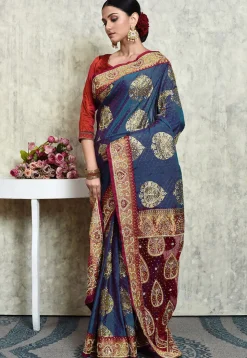 Hand Embroidered Kanchipuram Silk Saree in Teal Blue