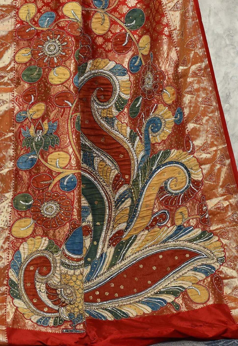 Hand Embroidered Kanchipuram Silk Saree in Maroon