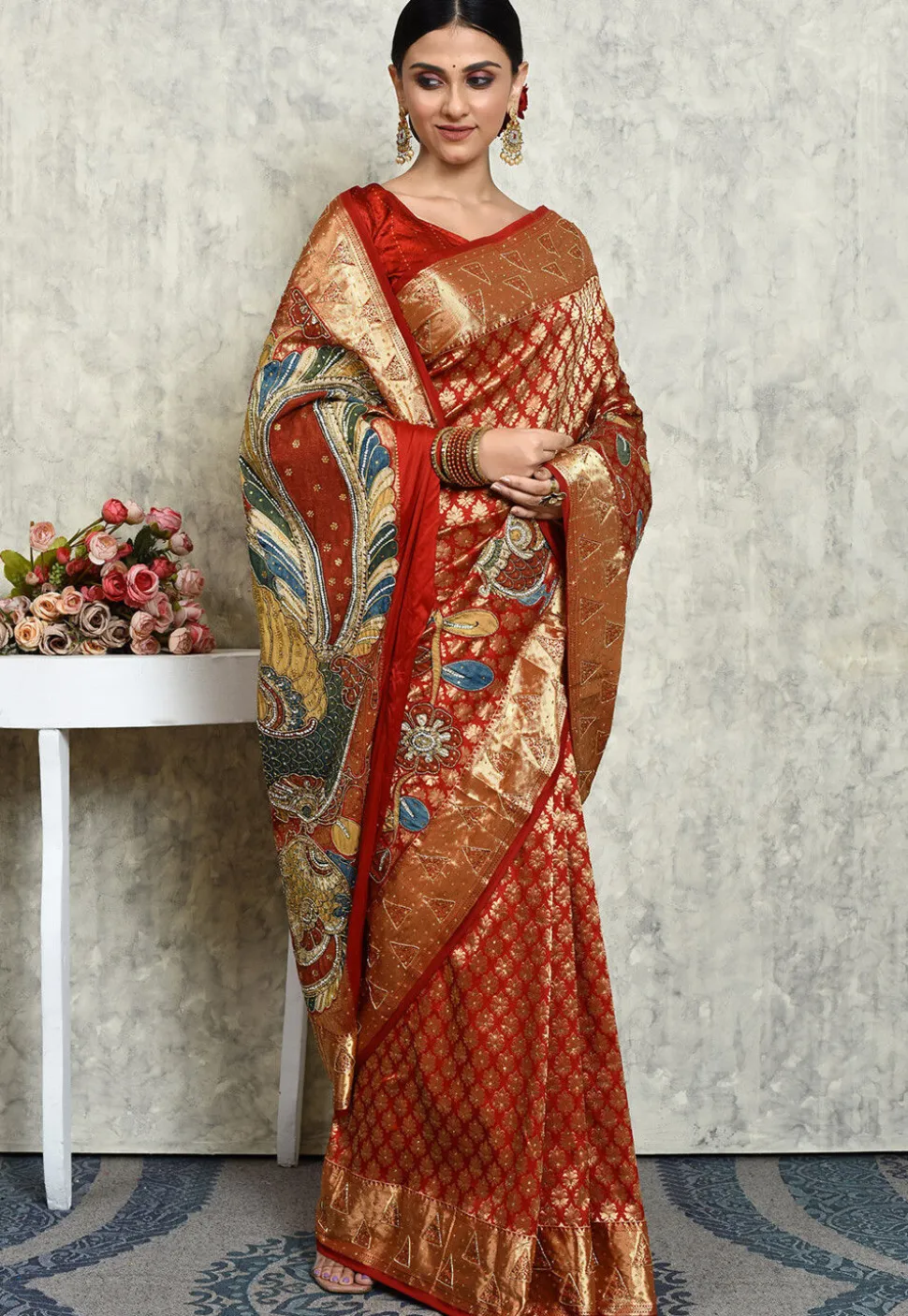Hand Embroidered Kanchipuram Silk Saree in Maroon