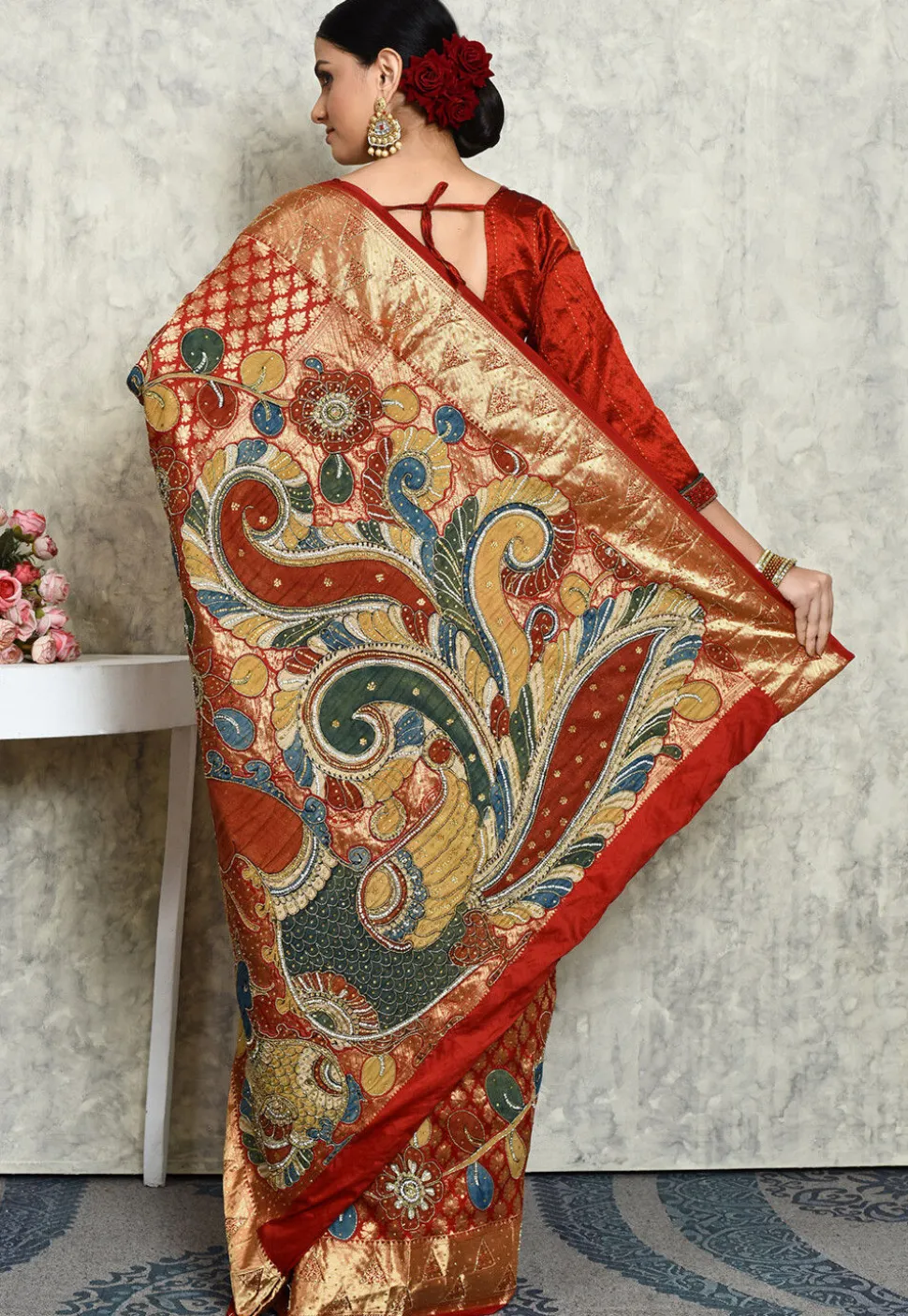 Hand Embroidered Kanchipuram Silk Saree in Maroon