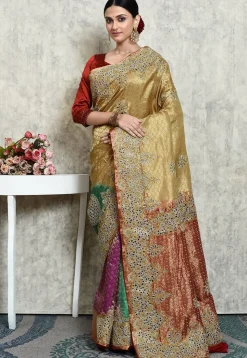 Hand Embroidered Kanchipuram Silk Saree in Beige and Multicolor