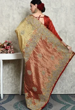 Hand Embroidered Kanchipuram Silk Saree in Beige and Multicolor