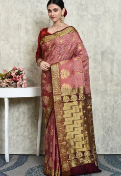 Hand Embroidered Kanchipuram Silk Saree in Dusty Pink