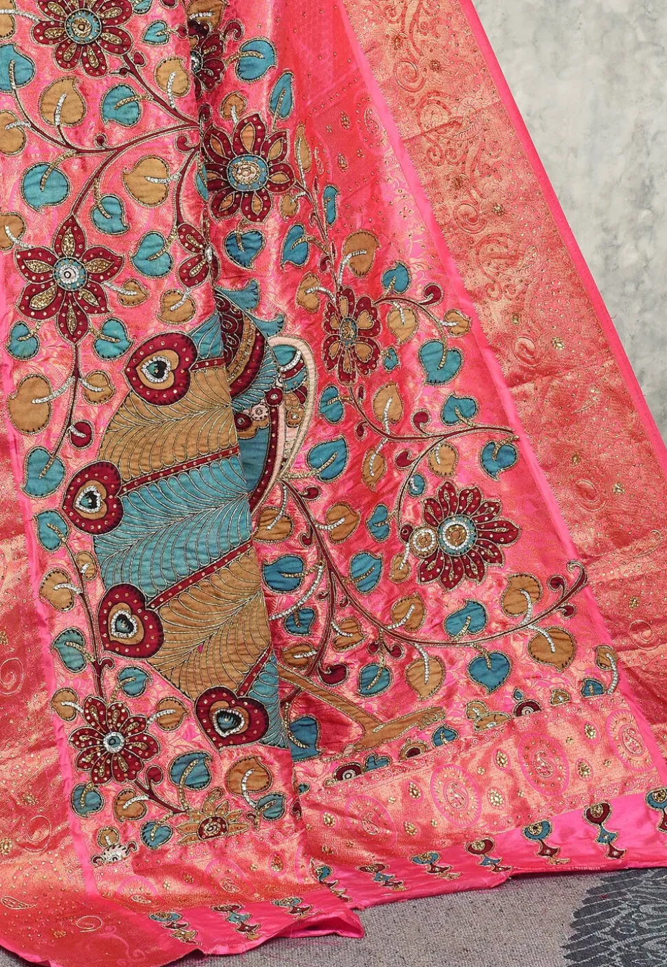 Hand Embroidered Kanchipuram Silk Saree in Pink