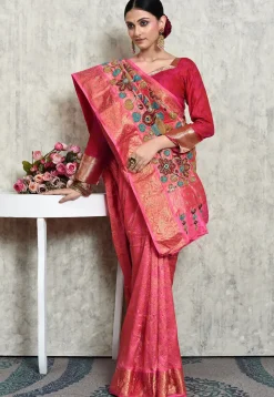 Hand Embroidered Kanchipuram Silk Saree in Pink