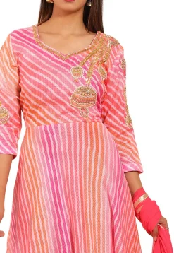 Hand Embroidered Kota Silk Abaya Style Suit in Multicolor