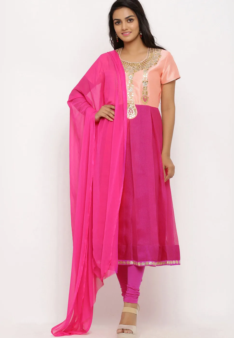 Hand Embroidered Kota Silk A Line Suit in Fuchsia and Peach