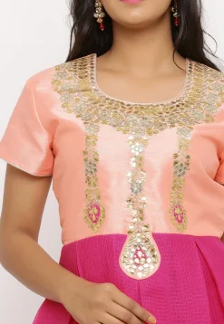 Hand Embroidered Kota Silk A Line Suit in Fuchsia and Peach