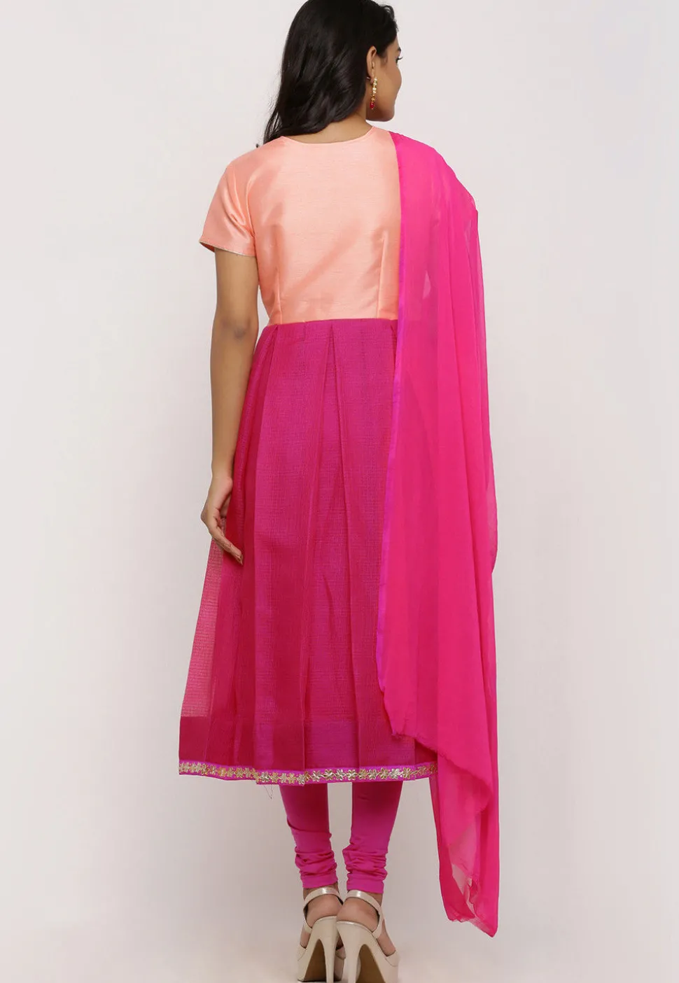 Hand Embroidered Kota Silk A Line Suit in Fuchsia and Peach