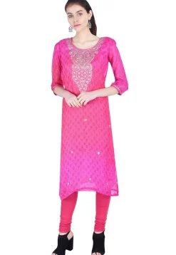 Hand Embroidered Kota Silk Straight Kurta in Pink Ombre