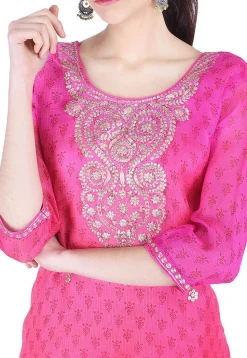 Hand Embroidered Kota Silk Straight Kurta in Pink Ombre