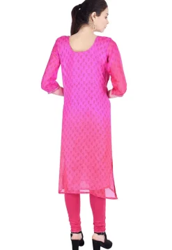 Hand Embroidered Kota Silk Straight Kurta in Pink Ombre