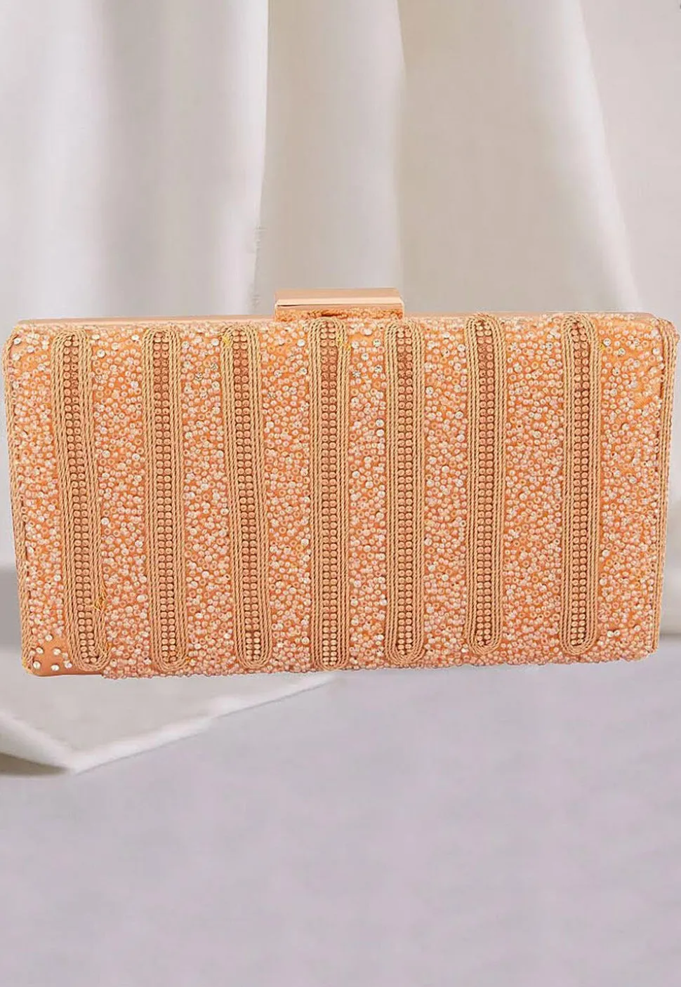 Hand Embroidered Metal Rectangular Clutch Bag in Rose Gold