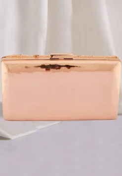 Hand Embroidered Metal Rectangular Clutch Bag in Rose Gold