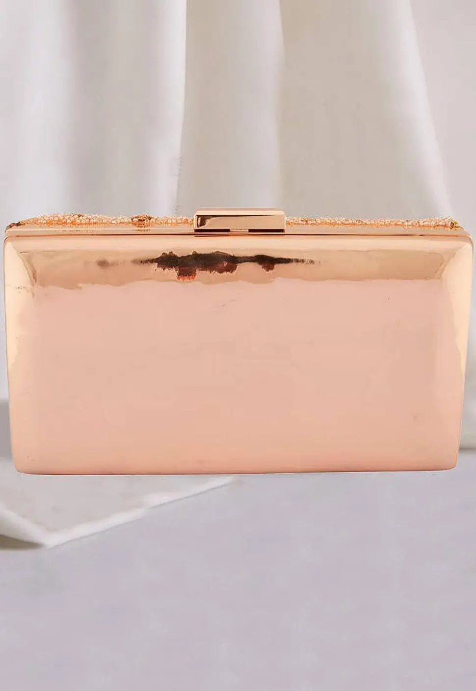 Hand Embroidered Metal Rectangular Clutch Bag in Rose Gold