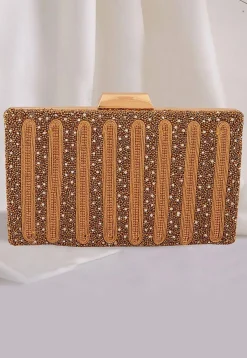 Hand Embroidered Metal Rectangular Clutch Bag in Golden