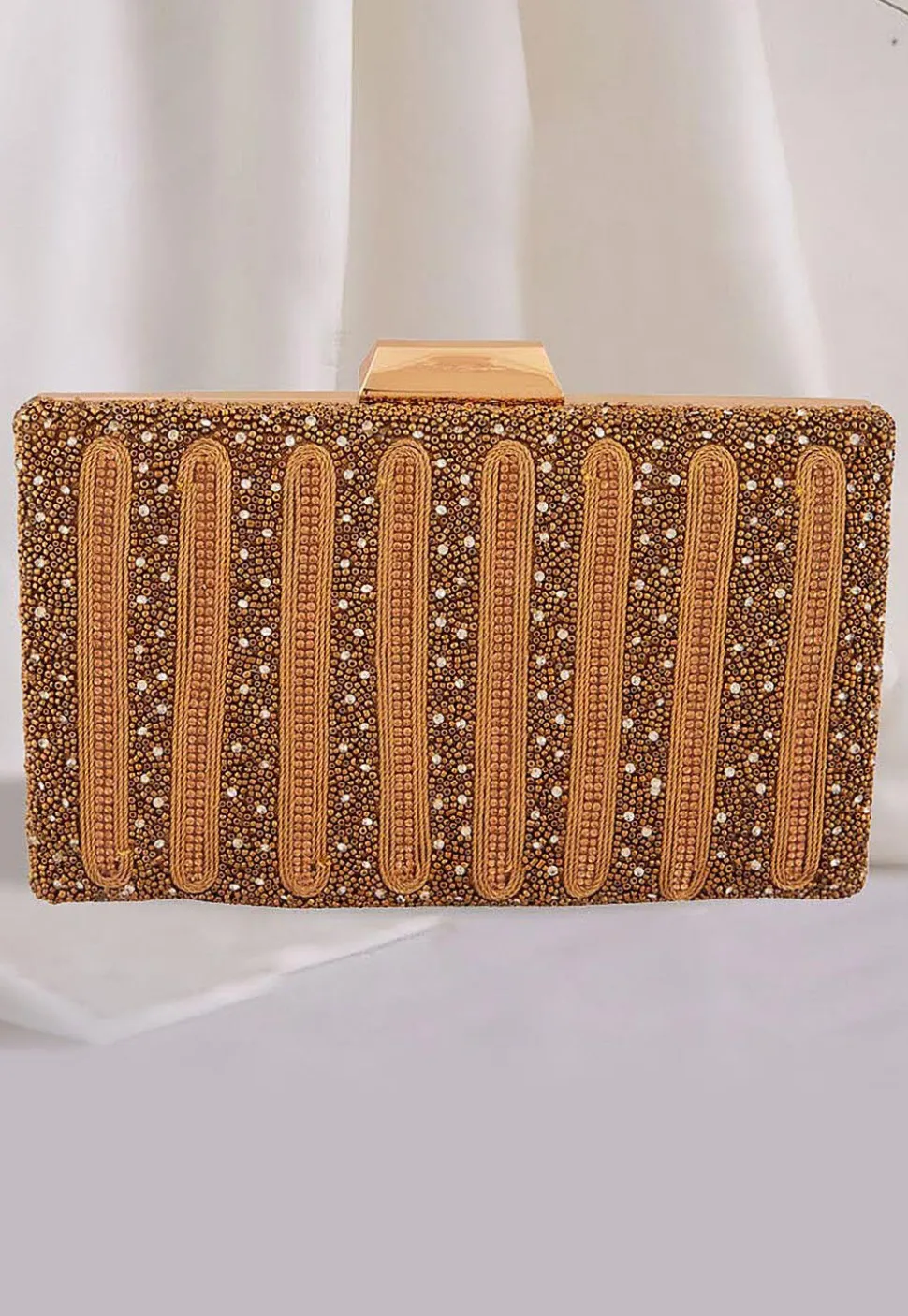 Hand Embroidered Metal Rectangular Clutch Bag in Golden