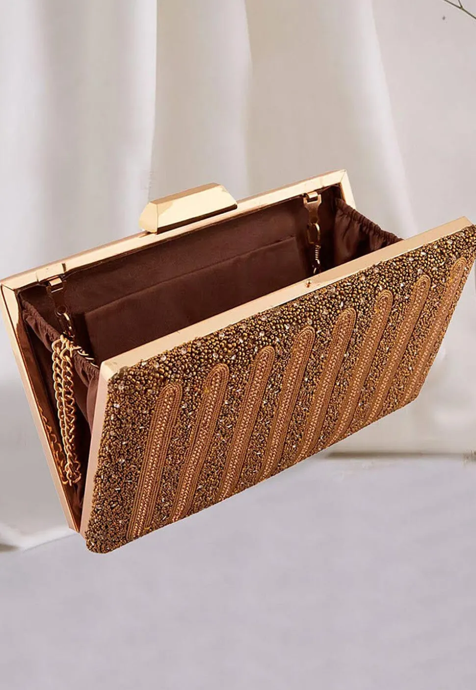 Hand Embroidered Metal Rectangular Clutch Bag in Golden