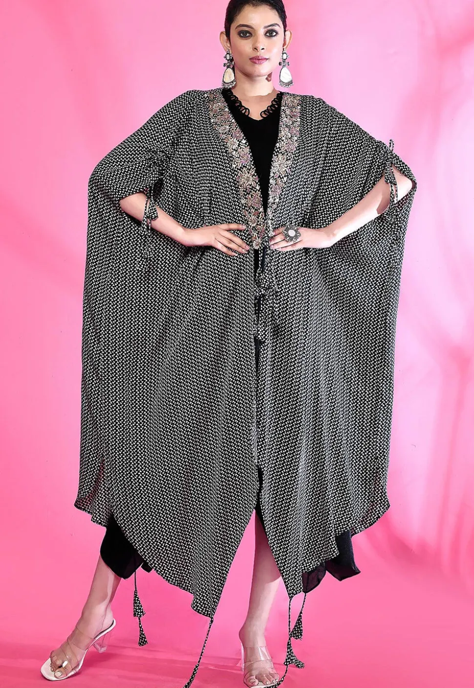 Hand Embroidered Modal Silk Kaftan Style Dress in Black