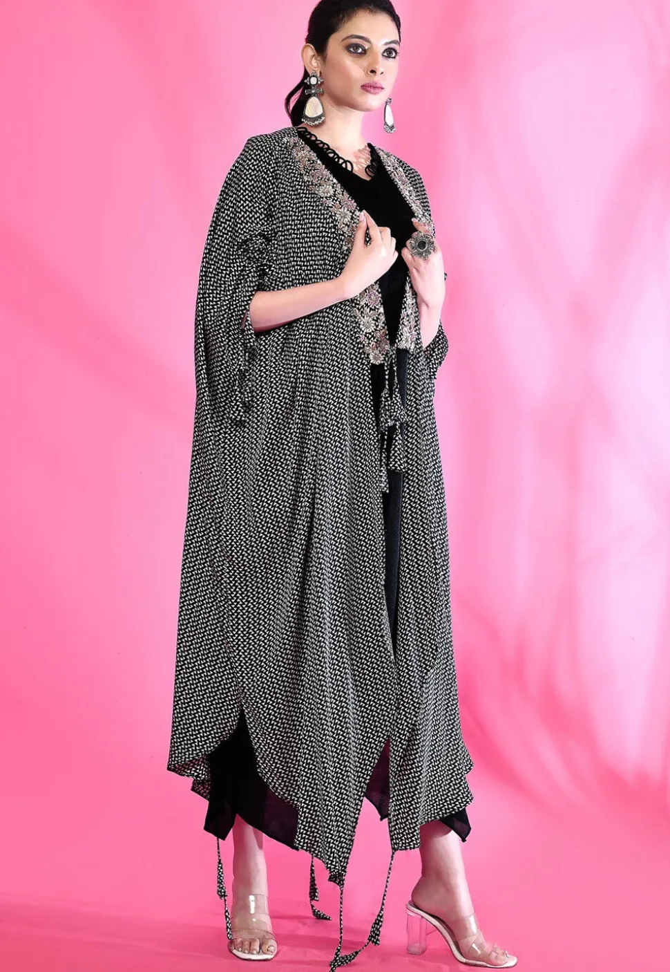 Hand Embroidered Modal Silk Kaftan Style Dress in Black
