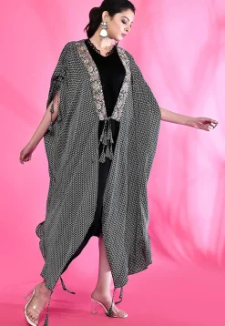 Hand Embroidered Modal Silk Kaftan Style Dress in Black