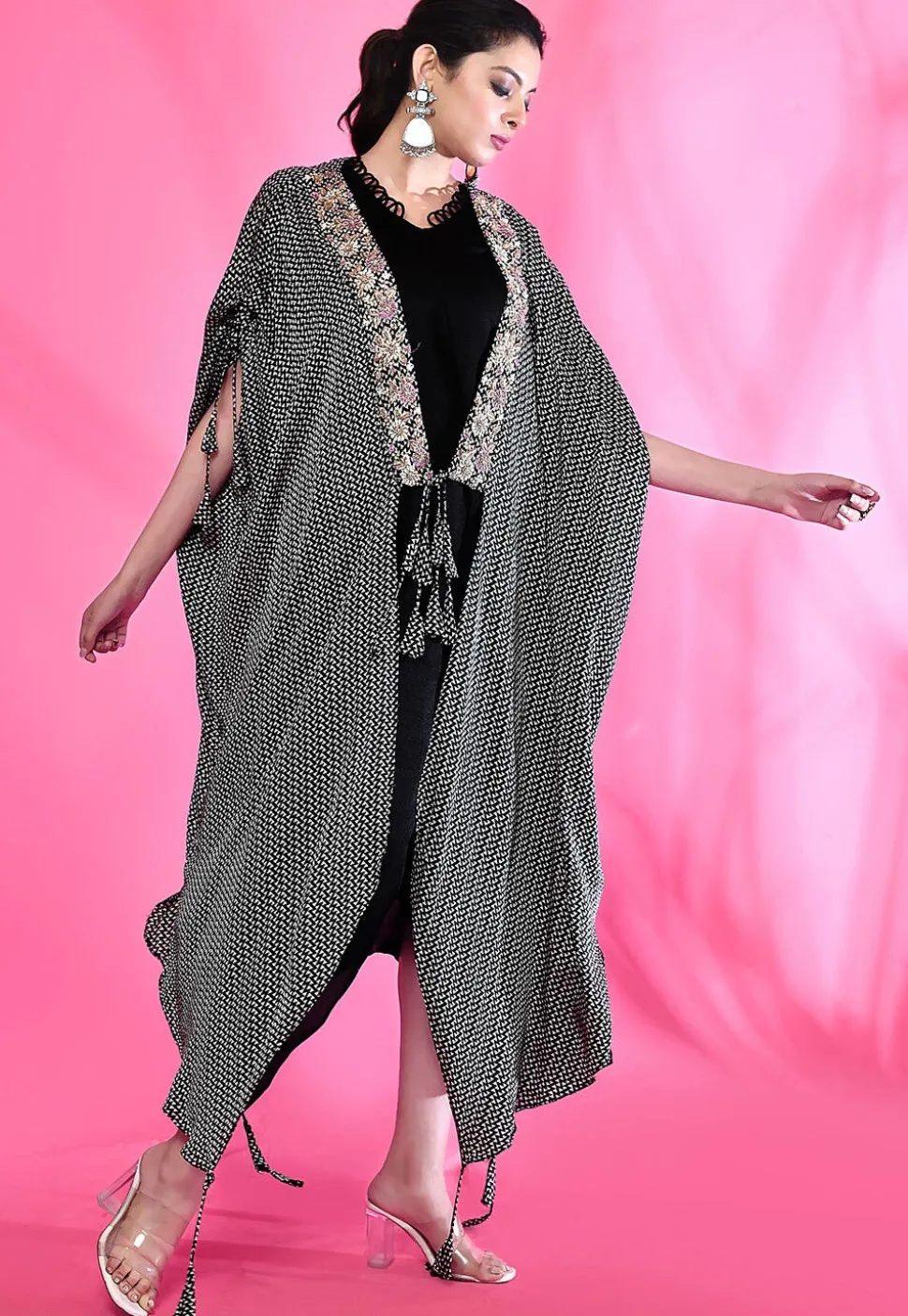 Hand Embroidered Modal Silk Kaftan Style Dress in Black