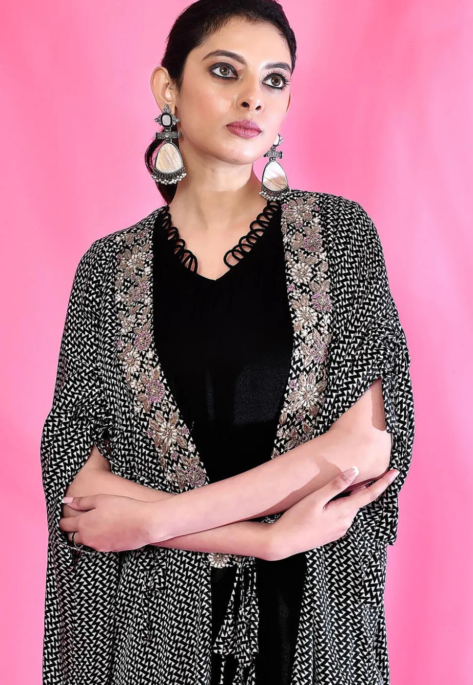 Hand Embroidered Modal Silk Kaftan Style Dress in Black