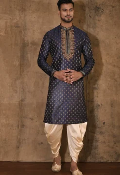 Hand Embroidered Neckline Cotton Silk Kurta Set in Navy Blue
