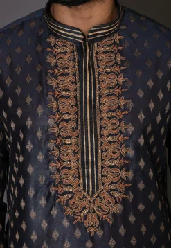 Hand Embroidered Neckline Cotton Silk Kurta Set in Navy Blue