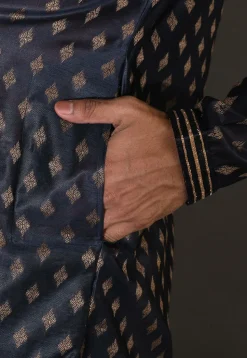 Hand Embroidered Neckline Cotton Silk Kurta Set in Navy Blue