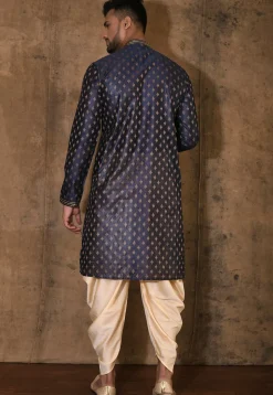 Hand Embroidered Neckline Cotton Silk Kurta Set in Navy Blue