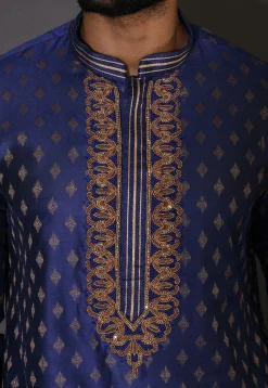 Hand Embroidered Neckline Cotton Silk Kurta Set in Royal Blue