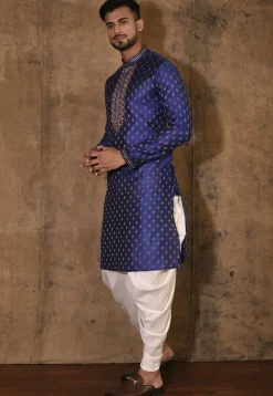 Hand Embroidered Neckline Cotton Silk Kurta Set in Royal Blue