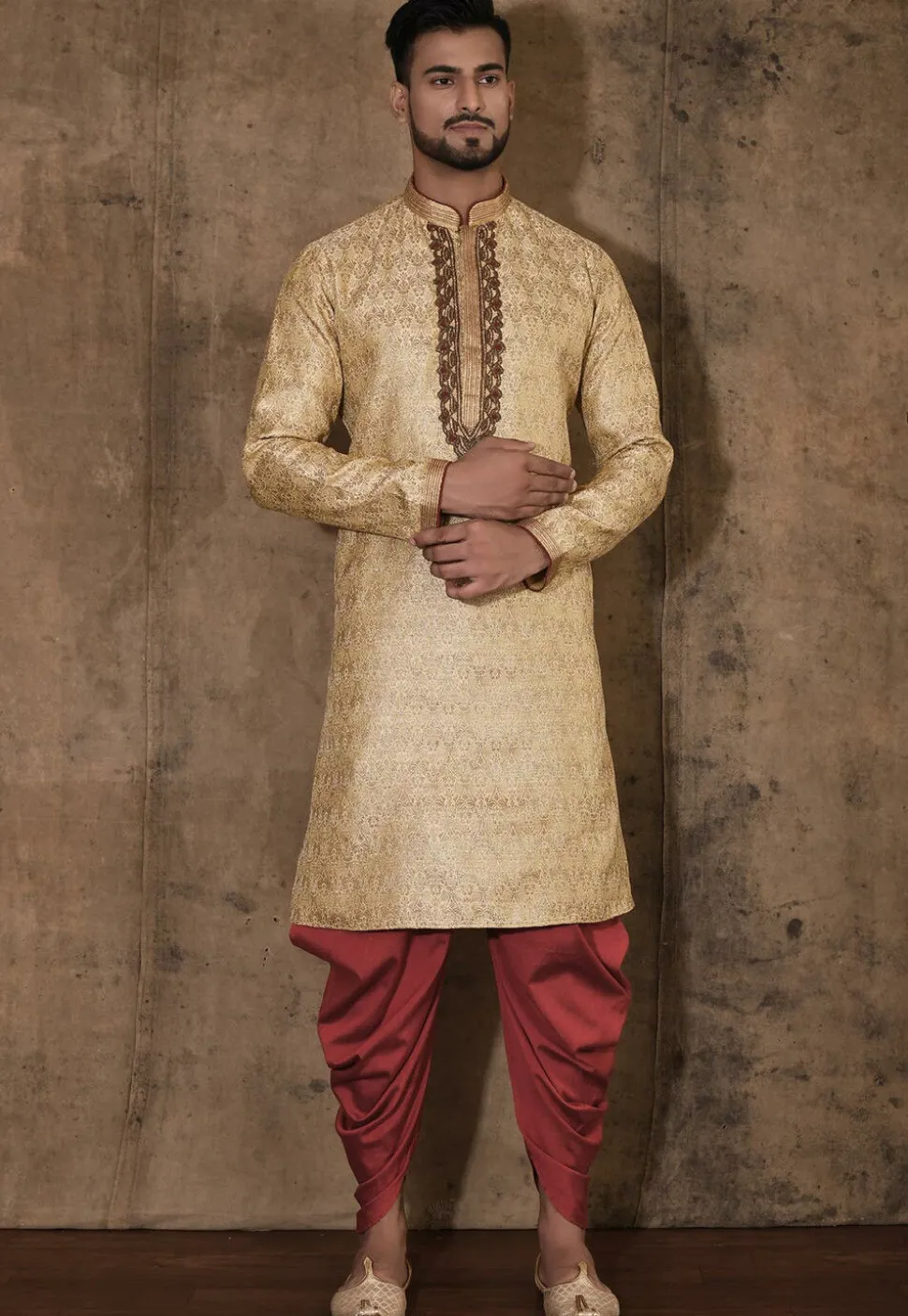 Hand Embroidered Neckline Art Silk Jacquard Kurta Set in Beige