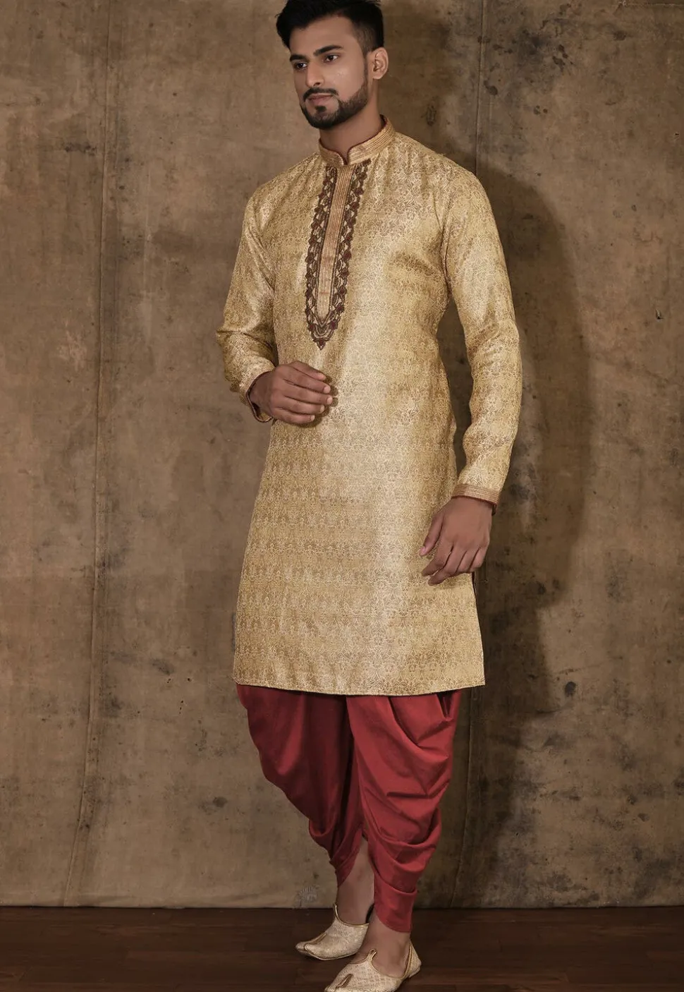 Hand Embroidered Neckline Art Silk Jacquard Kurta Set in Beige