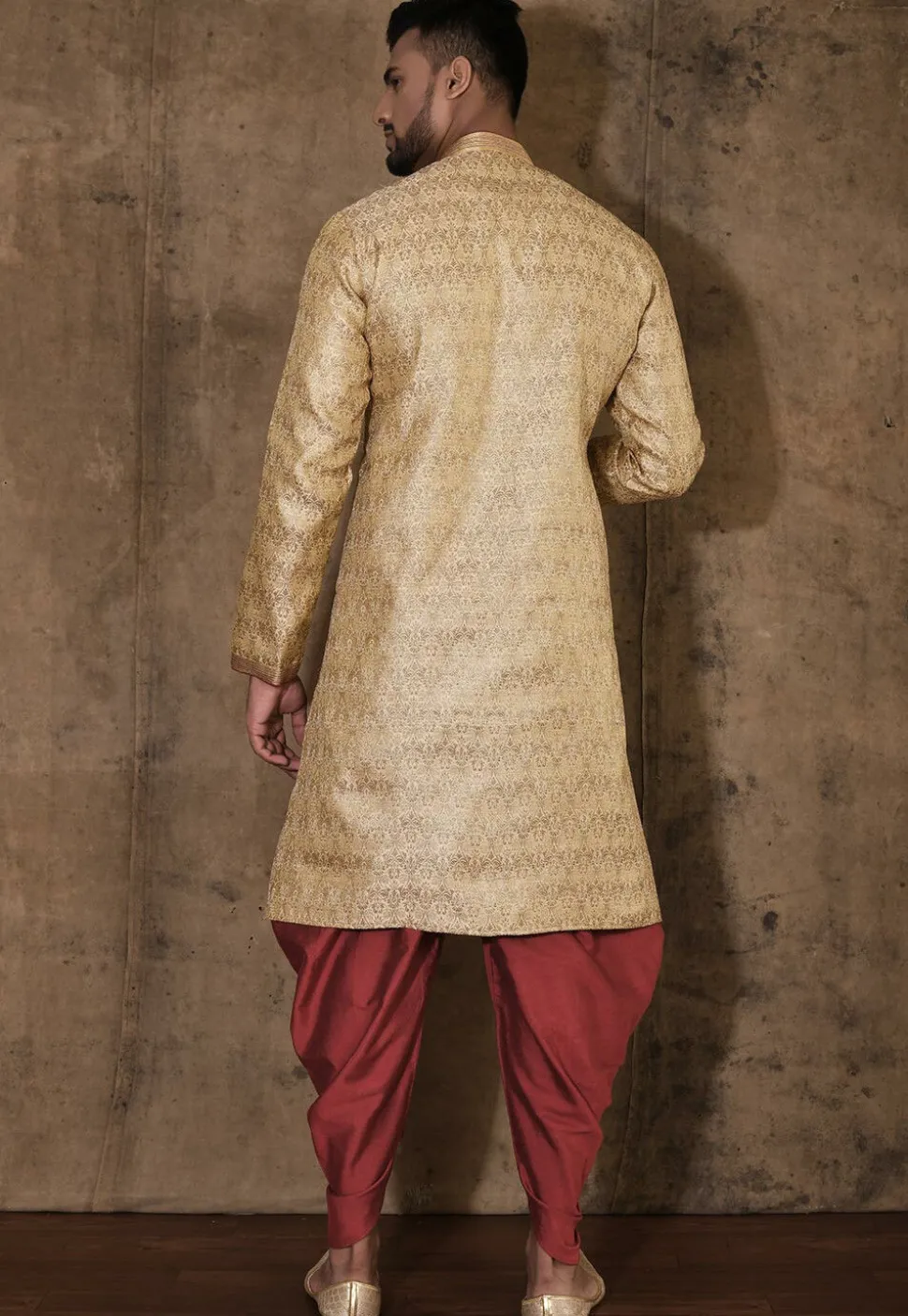 Hand Embroidered Neckline Art Silk Jacquard Kurta Set in Beige