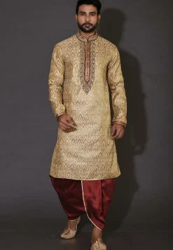 Hand Embroidered Neckline Art Silk Dhoti Kurta in Beige
