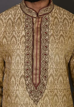 Hand Embroidered Neckline Art Silk Dhoti Kurta in Beige