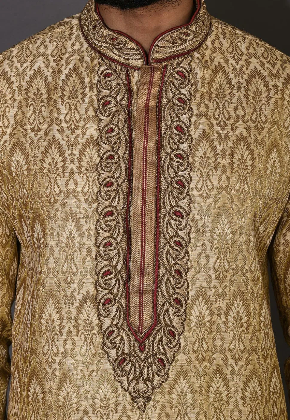 Hand Embroidered Neckline Art Silk Dhoti Kurta in Beige