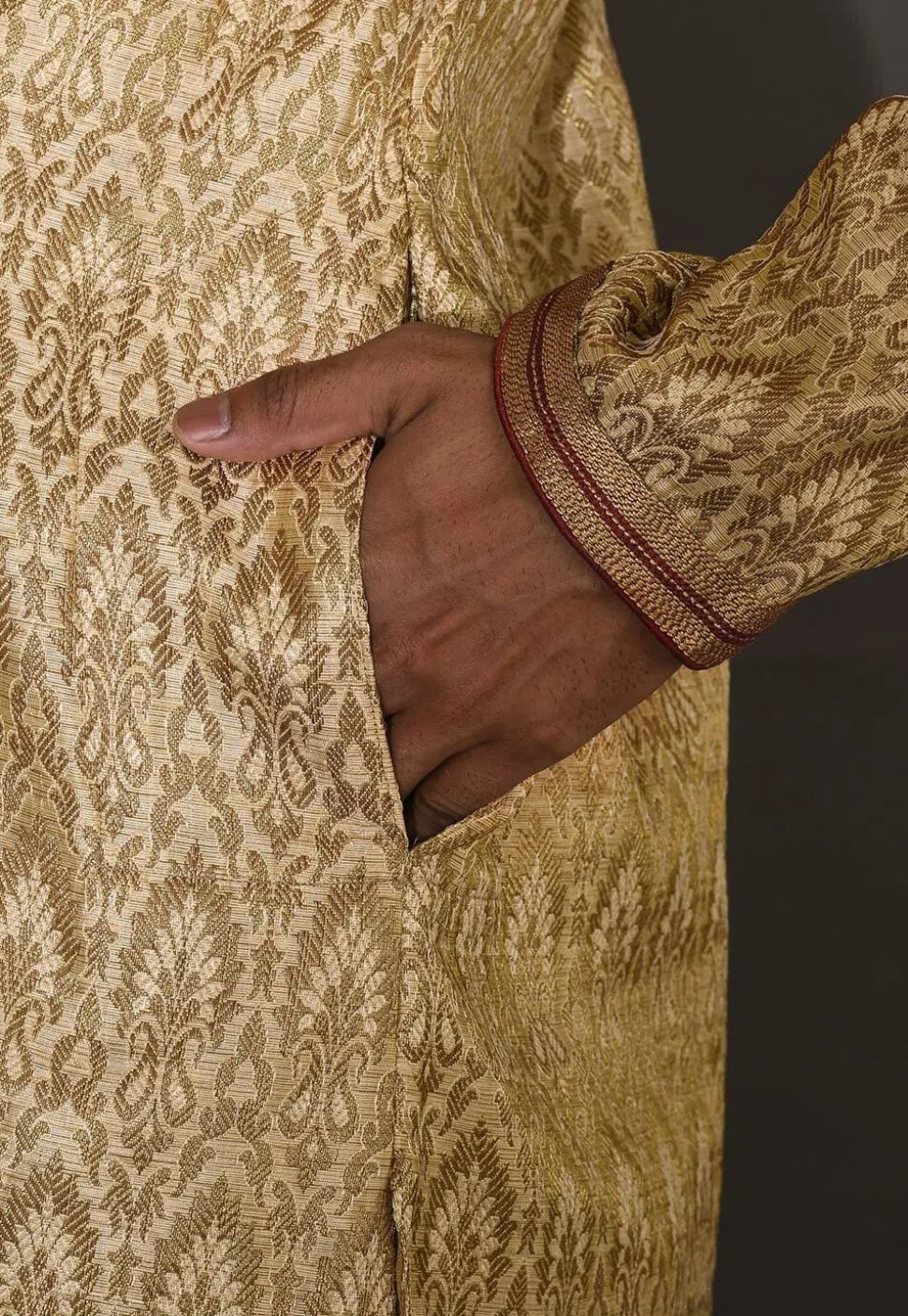 Hand Embroidered Neckline Art Silk Dhoti Kurta in Beige