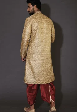 Hand Embroidered Neckline Art Silk Dhoti Kurta in Beige