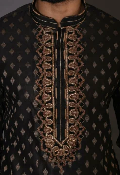 Hand Embroidered Neckline Cotton Silk Kurta Set in Black