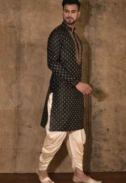 Hand Embroidered Neckline Cotton Silk Kurta Set in Black