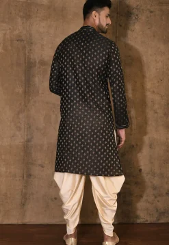 Hand Embroidered Neckline Cotton Silk Kurta Set in Black