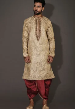 Hand Embroidered Neckline Art Silk Dhoti Kurta in Beige