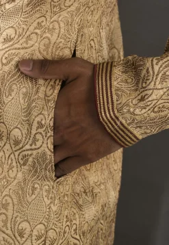 Hand Embroidered Neckline Art Silk Dhoti Kurta in Beige