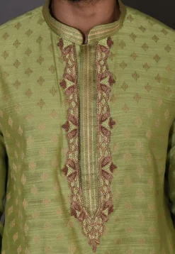 Hand Embroidered Neckline Cotton Silk Dhoti Kurta in Green
